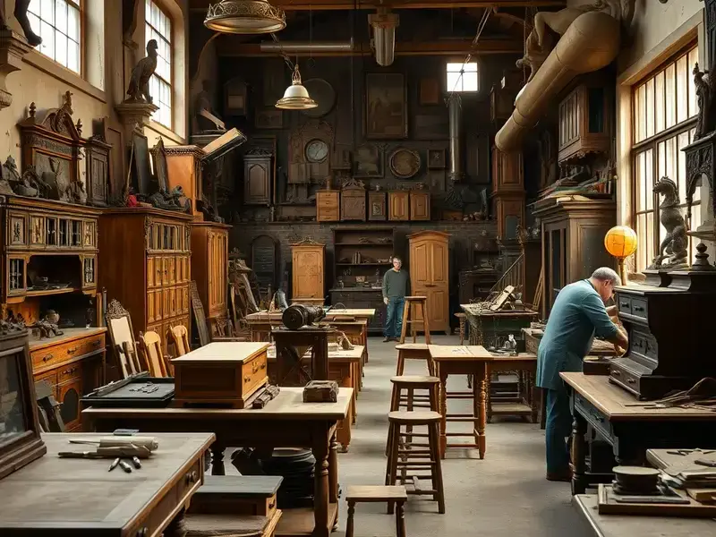 Our restoration workshop filled with antique furniture in various stages of completion